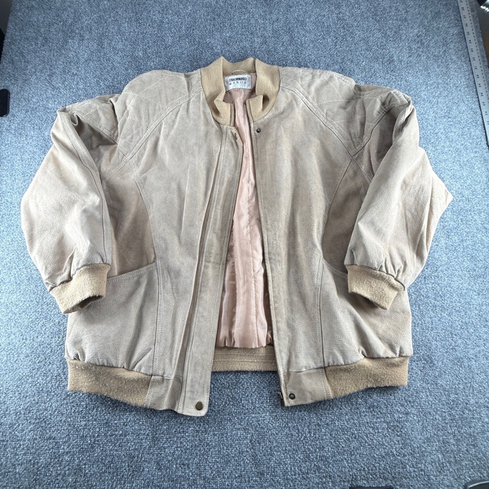 Hamilton Manor Vintage Tan Suede Bomber Jacket Quilted Shoulder Zip Up Mens XL